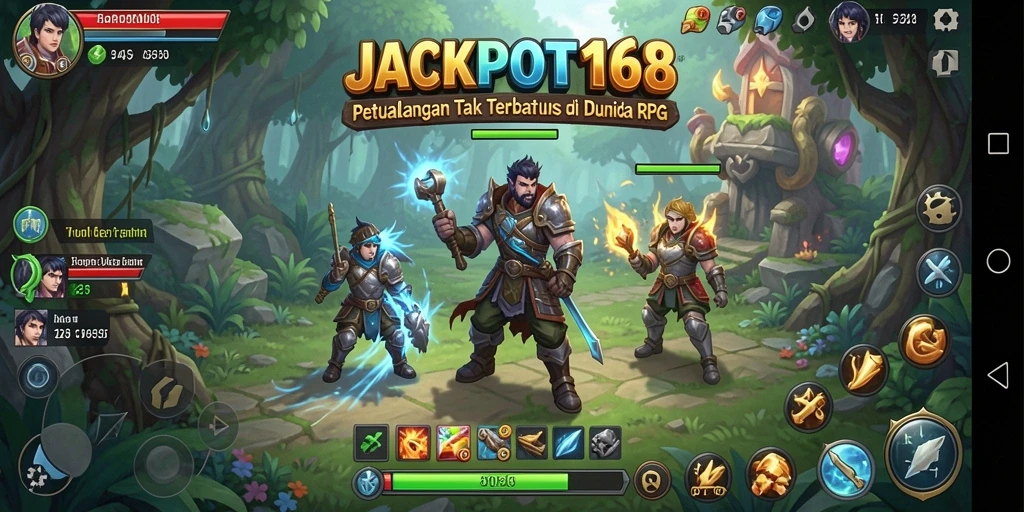 Tampilan utama gameplay <strong>JACKPOT168</strong> dengan karakter dan pertempuran menarik.
