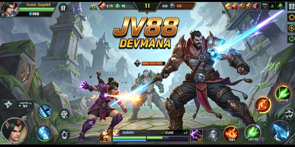 Screenshot utama JV88 menampilkan aksi seru dalam pertempuran MOBA.