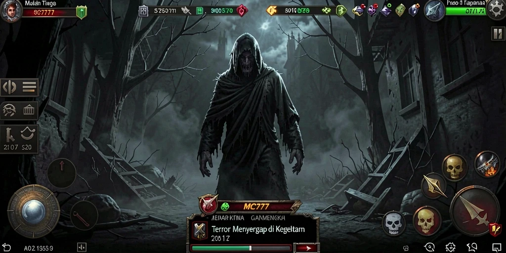 Tampilan gameplay menakutkan dari MC777, penuh dengan kegelapan dan misteri.