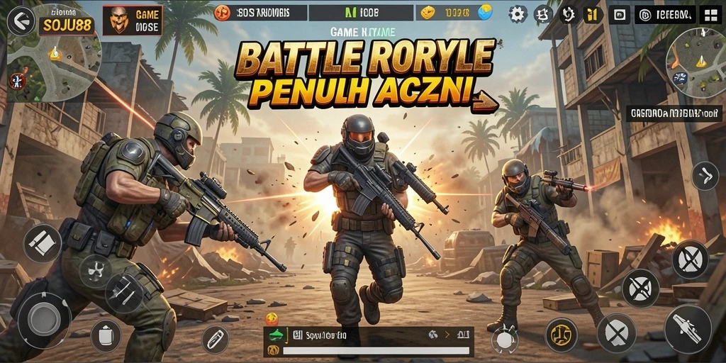 Screenshot utama SOJU88 menampilkan aksi pertempuran di arena Battle Royale.