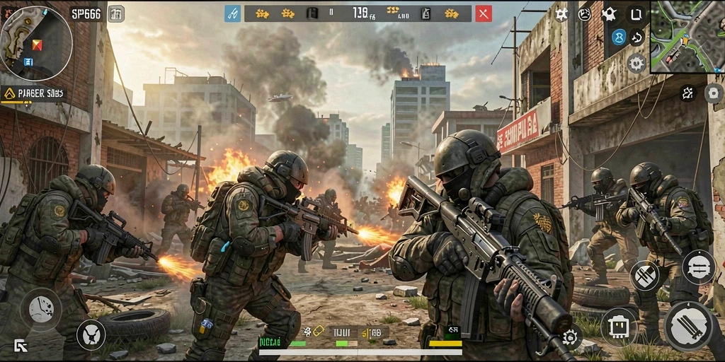 Screenshot menunjukkan aksi intens dalam gameplay FPS SP666.