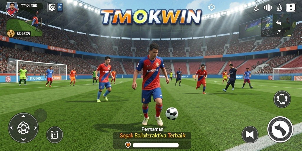 Tangkapan layar permainan TMOKWIN dengan aksi sepak bola seru.